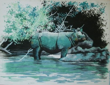 Painting titled "Le rhino" by Patricia Colapinto, Original Artwork, Oil