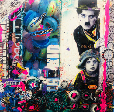 Collages getiteld "Pop Charlie Chaplin" door Patricia Ducept (Art'Mony), Origineel Kunstwerk, Acryl