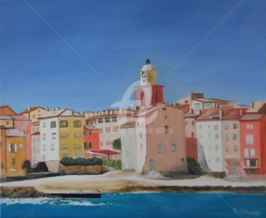 Pittura intitolato "St Tropez, plage de…" da Patricia Gitenay, Opera d'arte originale, Olio