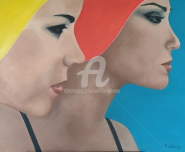 Painting titled "Femmes aux bonnets…" by Patricia Gitenay, Original Artwork, Oil Mounted on Wood Stretcher frame