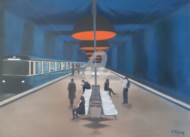 Painting titled "Station de métro" by Patricia Gitenay, Original Artwork, Oil Mounted on Wood Stretcher frame