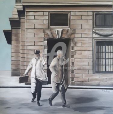 Painting titled "les hommes d'affair…" by Patricia Gitenay, Original Artwork, Oil Mounted on Wood Stretcher frame