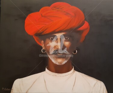 Painting titled "l'homme au turban r…" by Patricia Gitenay, Original Artwork, Oil Mounted on Wood Stretcher frame