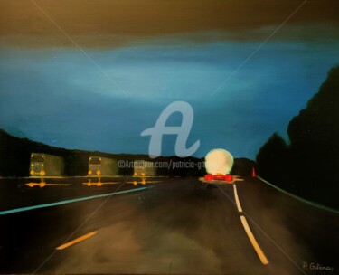 Painting titled "Autoroute de nuit" by Patricia Gitenay, Original Artwork, Oil Mounted on Wood Stretcher frame