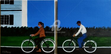 Painting titled "en vélo" by Patricia Gitenay, Original Artwork, Oil Mounted on Cardboard