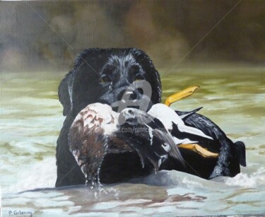 Painting titled "labrador noir et co…" by Patricia Gitenay, Original Artwork, Oil