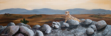 Painting titled "Cheetah at Dawn" by Patricia Gould, Original Artwork, Acrylic Mounted on Wood Stretcher frame