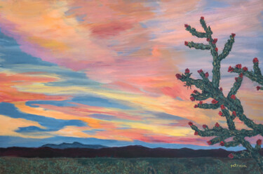 Painting titled "Cholla Sunrise" by Patricia Gould, Original Artwork, Acrylic Mounted on Wood Stretcher frame