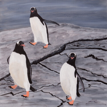 Painting titled "Gentoos on the Move" by Patricia Gould, Original Artwork, Acrylic Mounted on Wood Stretcher frame
