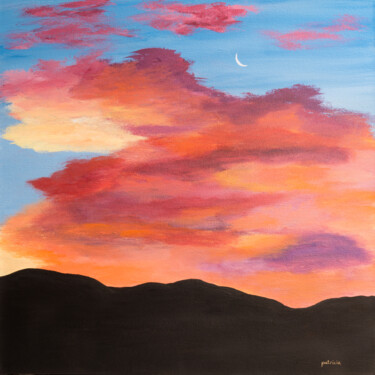 Malarstwo zatytułowany „Sandia Moonrise” autorstwa Patricia Gould, Oryginalna praca, Akryl Zamontowany na Drewniana rama nos…
