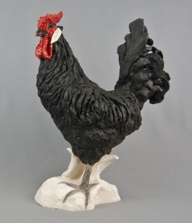 Sculpture titled "coq noir" by Patricia Grenier, Original Artwork, Ceramics