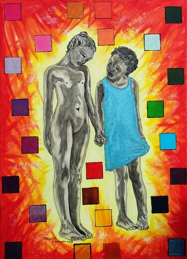 Malarstwo zatytułowany „Triptyque "Soeurs"…” autorstwa Patricia M. Le Démon Du Crayon, Oryginalna praca, Akryl Zamontowany n…
