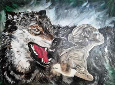 Painting titled "Loup,...ces contes…" by Patricia M. Le Démon Du Crayon, Original Artwork, Acrylic Mounted on Wood Stretcher…