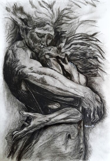 Рисунок под названием "Enlacés" - Patricia M. Le Démon Du Crayon, Подлинное произведение искусства, Древесный уголь