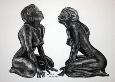 Dessin intitulée "Gémeaux" par Patricia M. Le Démon Du Crayon, Œuvre d'art originale, Fusain