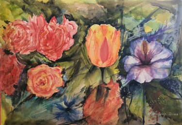 Painting titled "Explosion florale" by Patricia Martinez-Quirce, Original Artwork, Watercolor