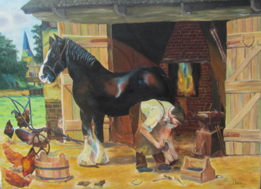 Painting titled "Maréchal ferrant" by Patricia Neveux, Original Artwork, Oil