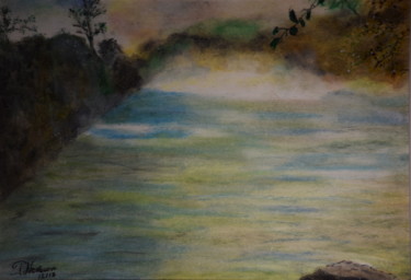Dessin intitulée "Lac dans les bois" par Patricia Neveux, Œuvre d'art originale, Pastel