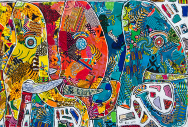 Textilkunst mit dem Titel "The Safari Elephants" von Patricia Njeri, Original-Kunstwerk, Stoff