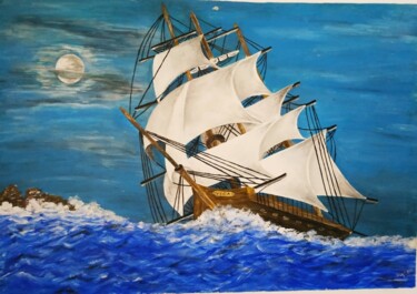 Painting titled "histoire de marins" by Patricia Poulot, Original Artwork, Acrylic Mounted on Wood Stretcher frame