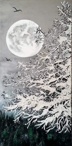 Painting titled "Quand la lune luit.…" by Patricia Poulot, Original Artwork, Acrylic Mounted on Wood Stretcher frame