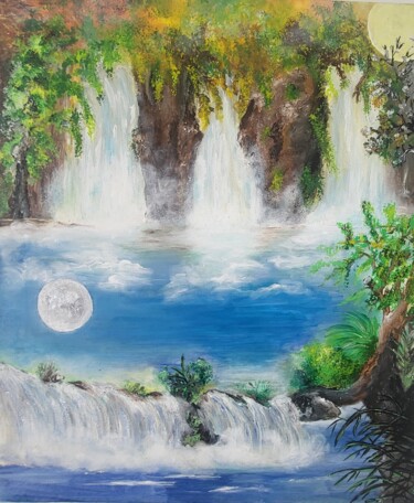 Painting titled "Les cascades celest…" by Patricia Poulot, Original Artwork, Acrylic Mounted on Wood Stretcher frame
