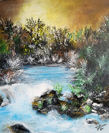 Painting titled "La cascade aux fées" by Patricia Poulot, Original Artwork, Acrylic Mounted on Wood Stretcher frame