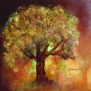 Painting titled "L'arbre d'ambre" by Patricia Ritschard, Original Artwork, Acrylic Mounted on Wood Stretcher frame
