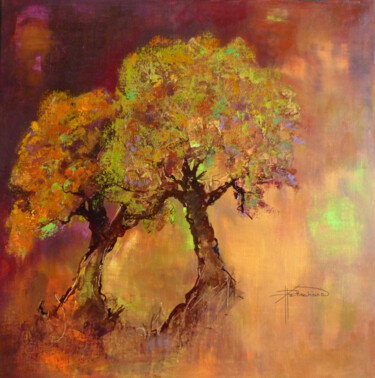 Painting titled "Les arbres topaze" by Patricia Ritschard, Original Artwork, Acrylic Mounted on Wood Stretcher frame