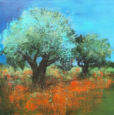 Painting titled "Coquelicots et oliv…" by Patricia Ritschard, Original Artwork, Acrylic Mounted on Wood Stretcher frame