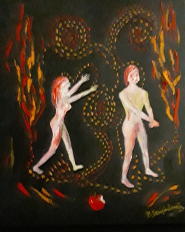 Painting titled "Adam et Eve en enfer" by Patricia Sensidoni, Original Artwork, Oil Mounted on Wood Stretcher frame