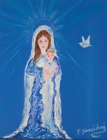 Painting titled "La vierge à l'enfant" by Patricia Sensidoni, Original Artwork, Oil Mounted on Wood Stretcher frame