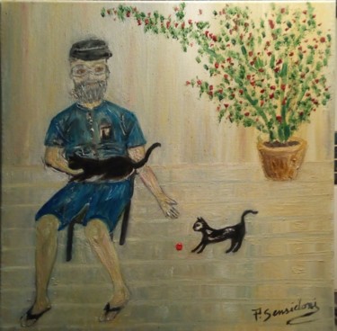 Painting titled "Enzo et ses chats" by Patricia Sensidoni, Original Artwork, Oil Mounted on Wood Stretcher frame