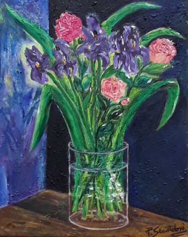 Peinture intitulée "D'iris et de roses" par Patricia Sensidoni, Œuvre d'art originale, Huile