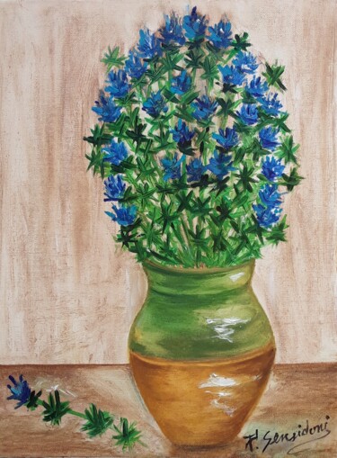 Peinture intitulée "Bouquet  de bleuets" par Patricia Sensidoni, Œuvre d'art originale, Huile Monté sur Châssis en bois