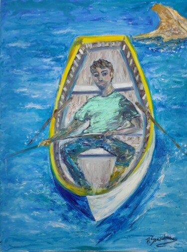 Painting titled "Journée de pêche, à…" by Patricia Sensidoni, Original Artwork, Oil Mounted on Wood Stretcher frame