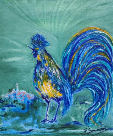 Painting titled "Le coq" by Patricia Sensidoni, Original Artwork, Oil Mounted on Wood Stretcher frame