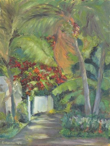 Painting titled "Key West Alley" by Patricia Barone, Original Artwork, Oil