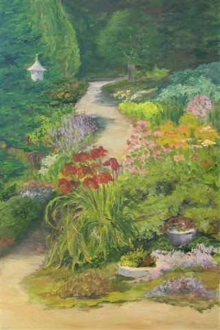 Painting titled "Garden Path in Sun…" by Patricia Barone, Original Artwork, Oil