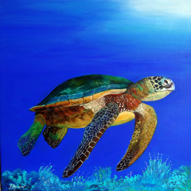 Painting titled "tortue marine II  -…" by Patricia Hyvernat, Original Artwork, Acrylic Mounted on Wood Stretcher frame
