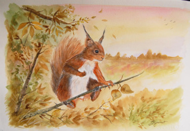 Peinture intitulée "écureuil en automne…" par Patricia Hyvernat, Œuvre d'art originale, Aquarelle