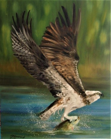 Painting titled "balbuzard pêcheur-…" by Patricia Hyvernat, Original Artwork, Oil Mounted on Wood Stretcher frame