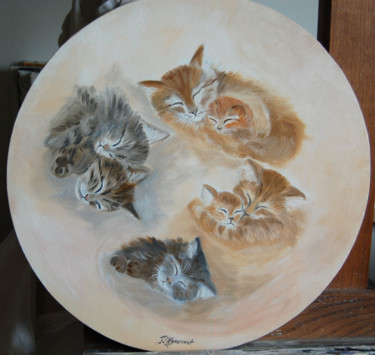 Peinture intitulée "chattes et chatons…" par Patricia Hyvernat, Œuvre d'art originale, Huile
