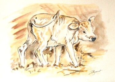 Drawing titled "veau à l'étable  -…" by Patricia Hyvernat, Original Artwork, Ink