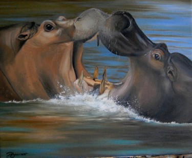 Painting titled "combat d'hippopotam…" by Patricia Hyvernat, Original Artwork, Oil Mounted on Wood Stretcher frame
