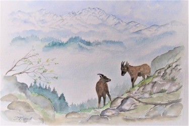 Painting titled "petits bouquetins -…" by Patricia Hyvernat, Original Artwork, Watercolor