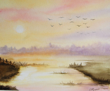Malerei mit dem Titel "brume sur l'étang -…" von Patricia Hyvernat, Original-Kunstwerk, Aquarell