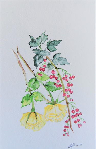 Malarstwo zatytułowany „rose jaune et grose…” autorstwa Patricia Hyvernat, Oryginalna praca, Akwarela
