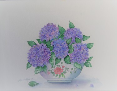 Schilderij getiteld "Bouquet d'ortensias…" door Patricia Hyvernat, Origineel Kunstwerk, Aquarel