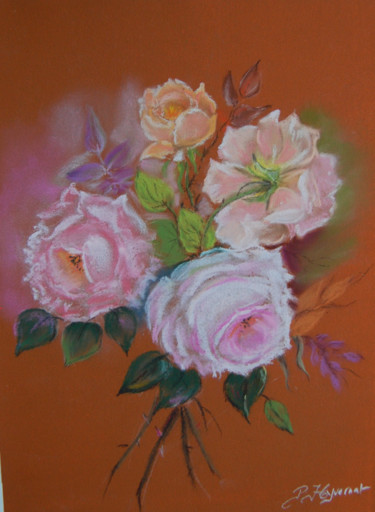 Рисунок под названием "Roses anglaises - p…" - Patricia Hyvernat, Подлинное произведение искусства, Пастель